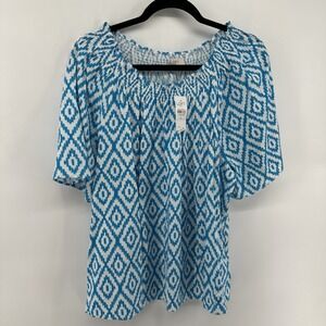 Ann Taylor Loft Smocked Off The Shoulder  Short Sleeve Blouse sz XL White & Teal